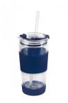 Двустенна стъклена чаша 600 мл със сламка и капак Fuori, син цвят, Vialli Design Полша